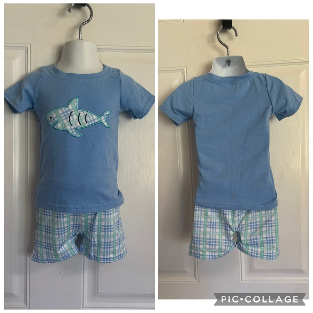 XS (12/18M) Boutique Shark Bait light blue/mint/white plaid Short Set.  In EUC!